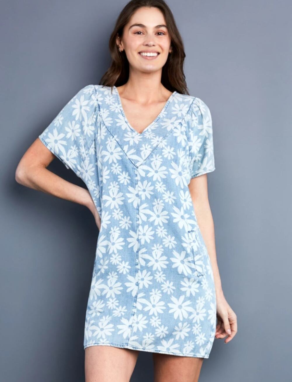 Billy T Veronica Daisy Print Chambray Blue Mini Dress XL V Neck Pockets EUC